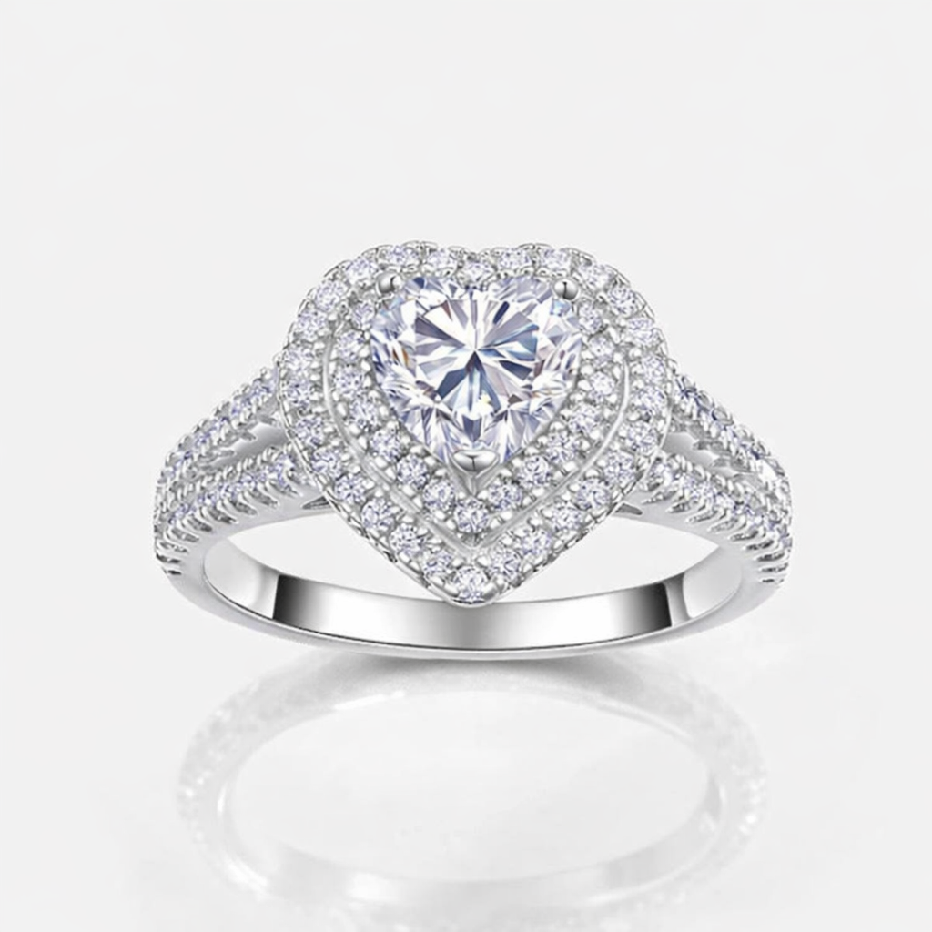 Heart-Shaped Double Halo Ring – Crafted in 925 Sterling Silver with Moissanite
