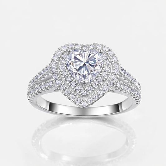 Heart-Shaped Double Halo Ring – Crafted in 925 Sterling Silver with Moissanite