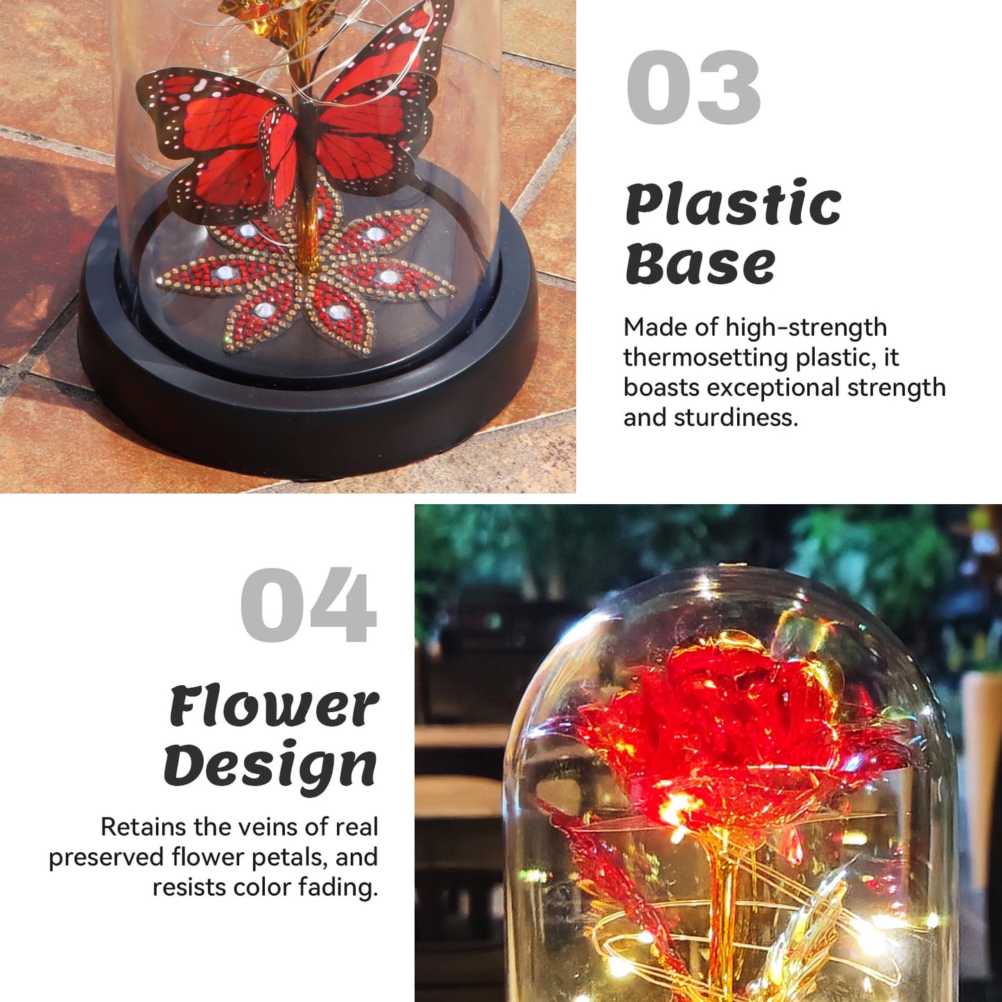 Enchanting Eternal Rose with Butterfly in Glass Dome - Illuminated Red Roses for Mother's Day, Birthdays, and Romantic Occasions