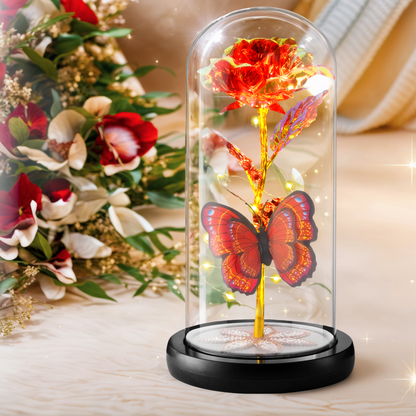 Enchanting Eternal Rose with Butterfly in Glass Dome - Illuminated Red Roses for Mother's Day, Birthdays, and Romantic Occasions