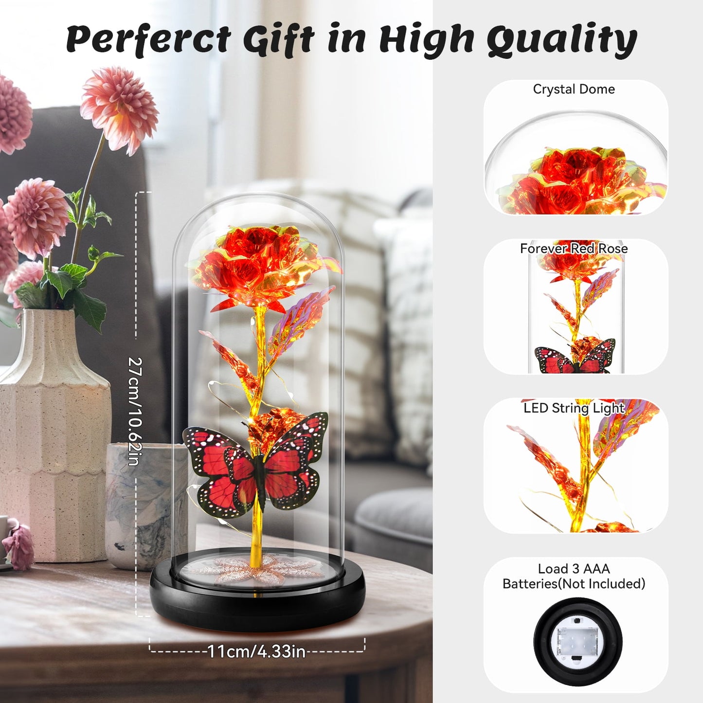 Enchanting Eternal Rose with Butterfly in Glass Dome - Illuminated Red Roses for Mother's Day, Birthdays, and Romantic Occasions