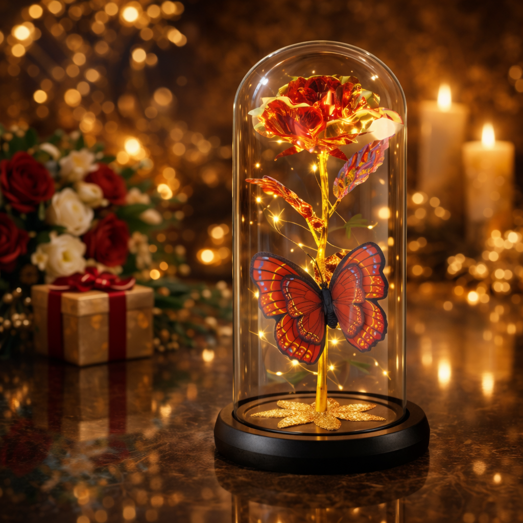 Enchanting Red Eternal Rose Glass Dome With LED Lights
