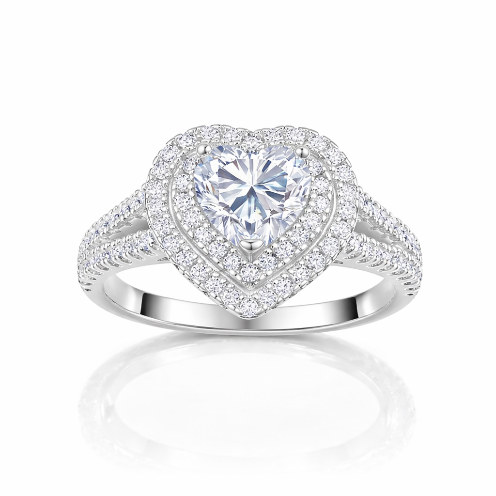 Heart-Shaped Double Halo Ring – Crafted in 925 Sterling Silver with Moissanite