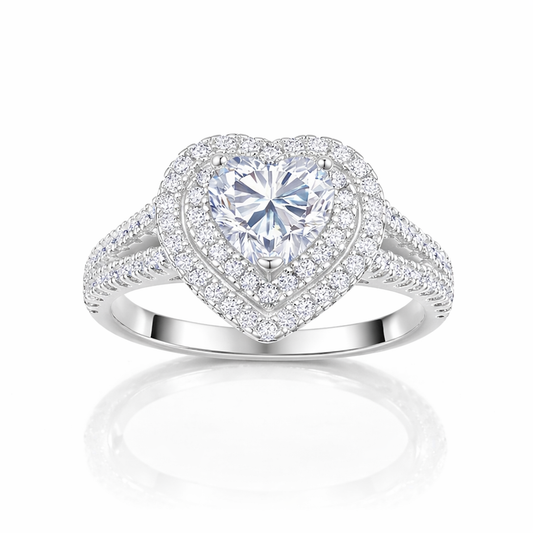 Heart-Shaped Double Halo Ring – Crafted in 925 Sterling Silver with Moissanite