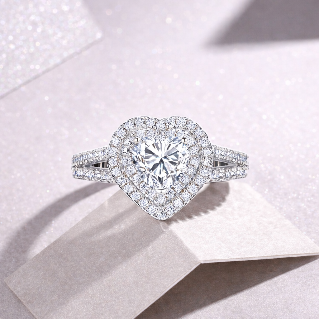 Heart-Shaped Double Halo Ring – Crafted in 925 Sterling Silver with Moissanite