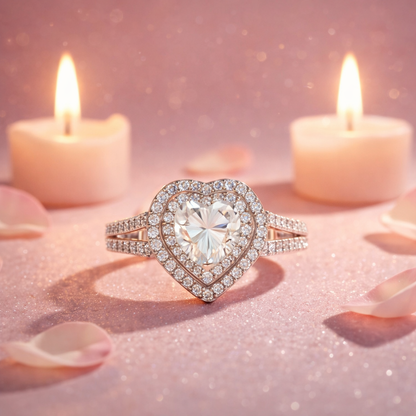 Heart-Shaped Double Halo Ring – Crafted in 925 Sterling Silver with Moissanite